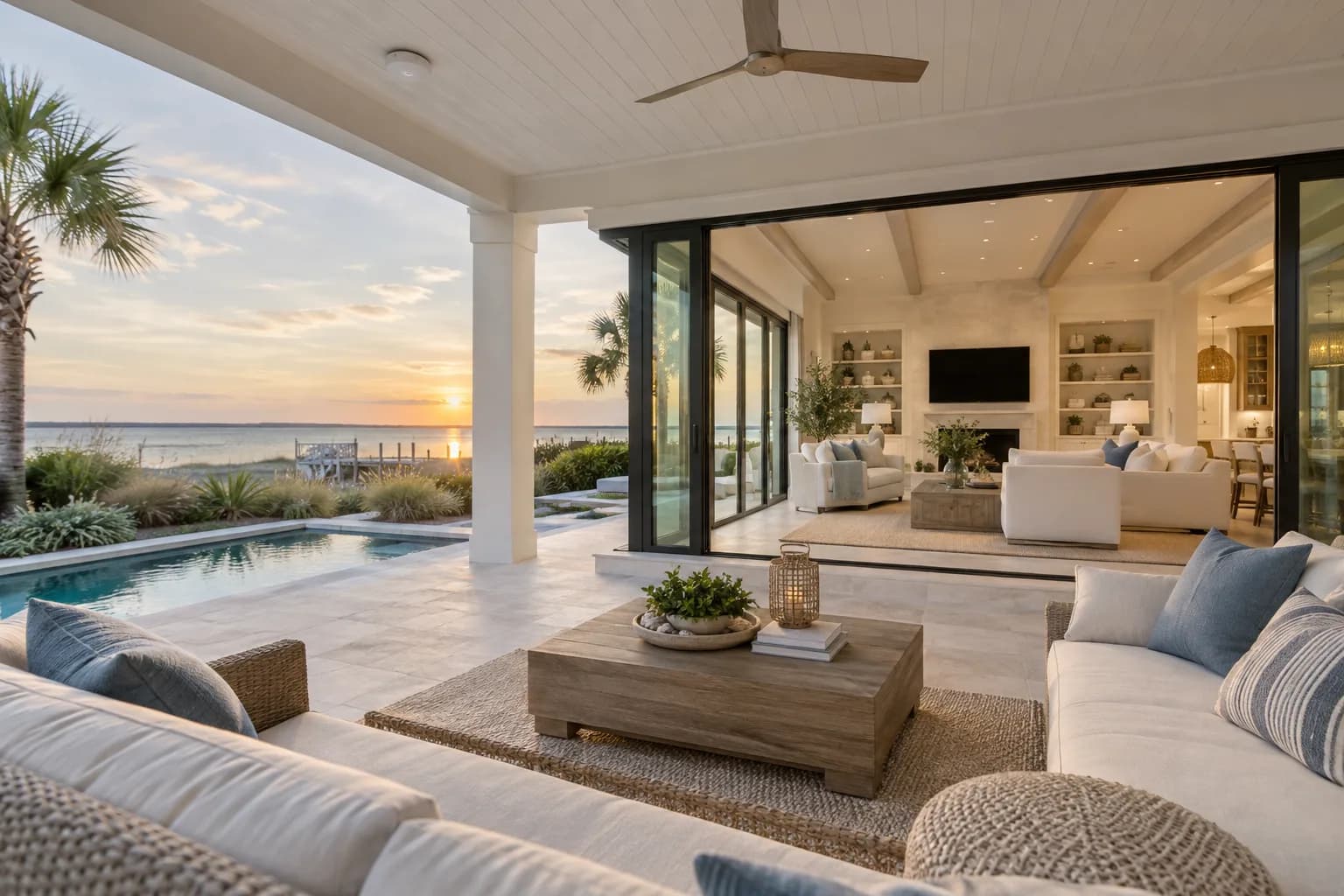 Coastal home with connected indoor and outdoor living spaces overlooking the water