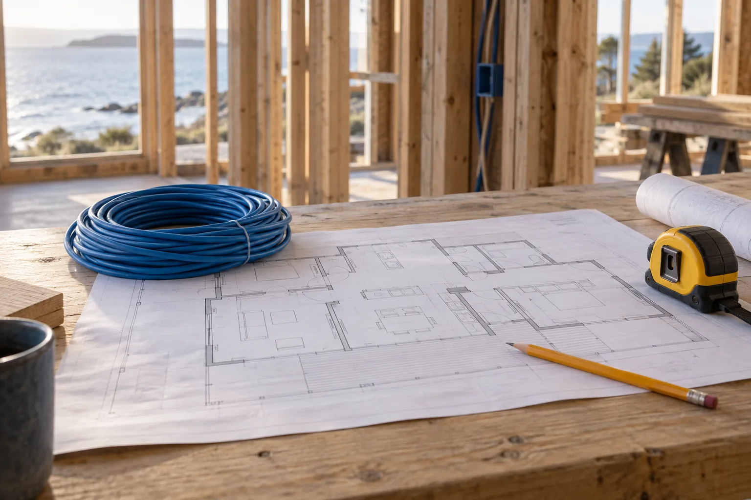 Architectural plans and network cable ready for pre-construction planning