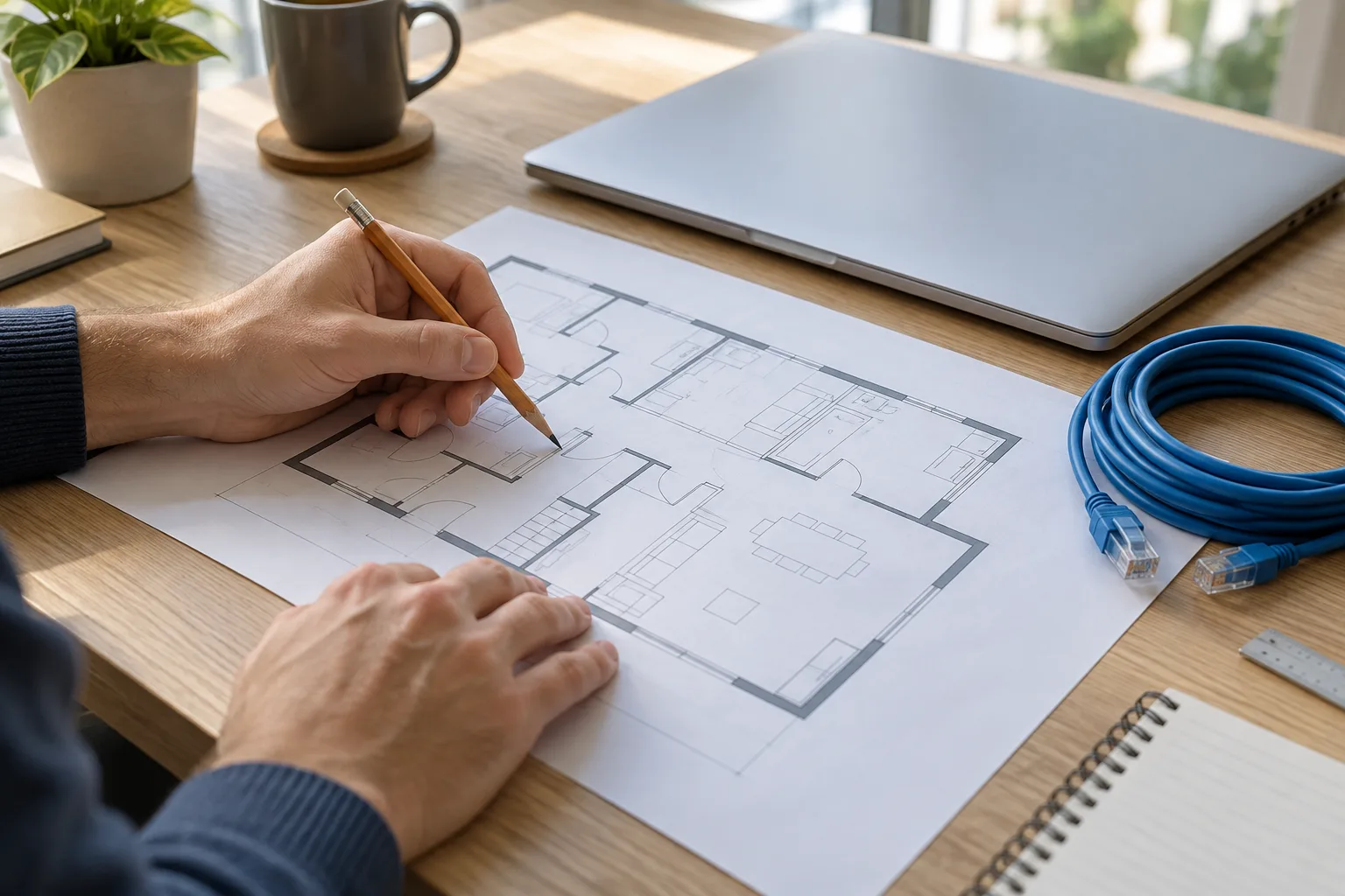Illustrative scene of a network planner reviewing a property floor plan